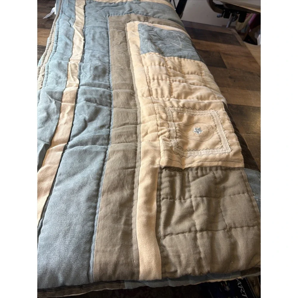Home Collection Embroidered Quilt Only Patchwork Plaid Brown Tan Blue Full Queen